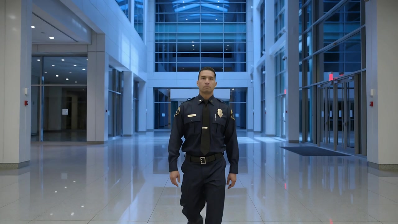 Walking uniformed officer striding toward camera in atrium, on patrol, showing badge nameplate belt