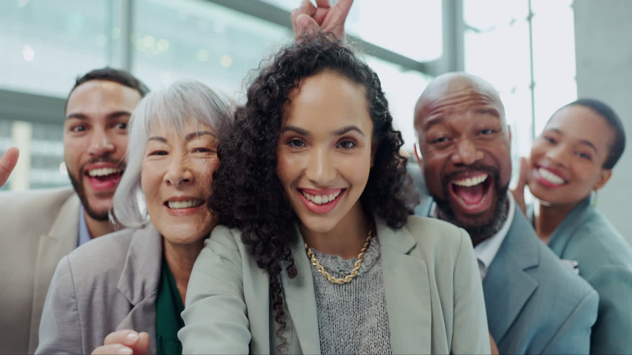 Happy, selfie and teamwork with face of business