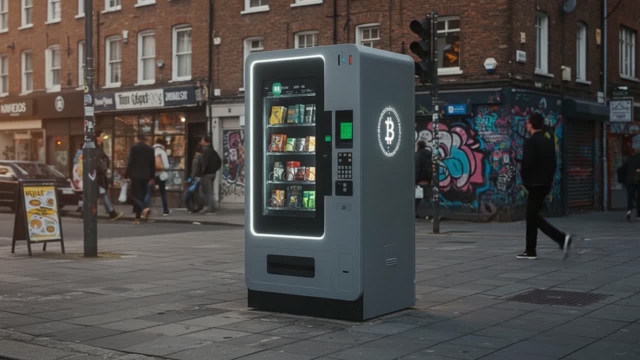A Modern Vending Machine Utilizing Cryptocurrency for Transactions, Set Against a Vibrant Urban Background Featuring Street Art and Passersby