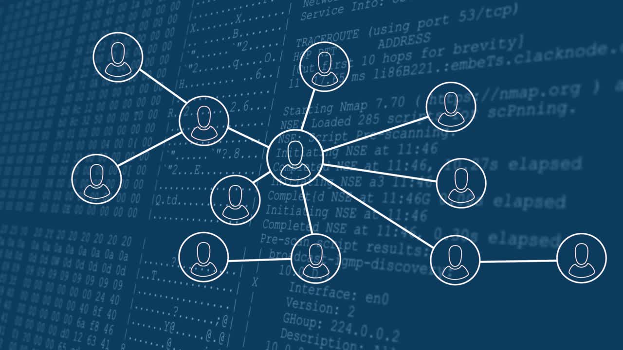 Starting network graph cycling ear, silhouette, swirl icons overlaying code representing processing