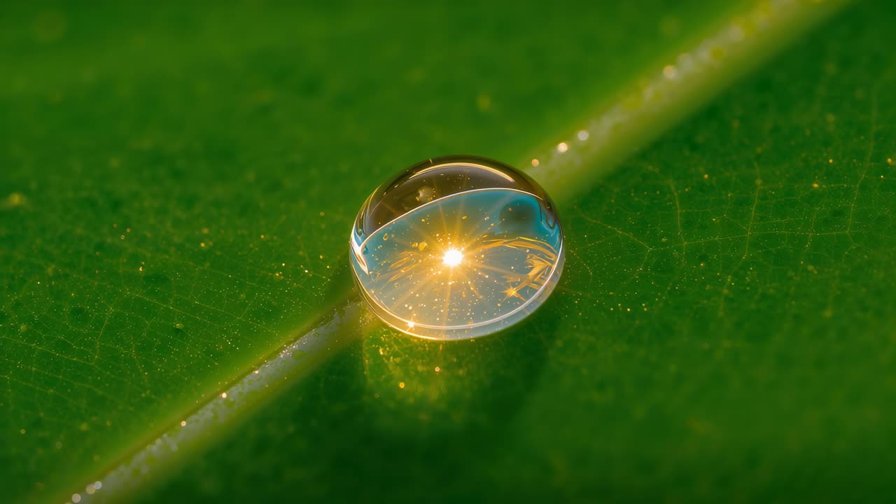Glowing water droplet showing golden starburst on diagonal leaf vein, sunlight brightening bubbles