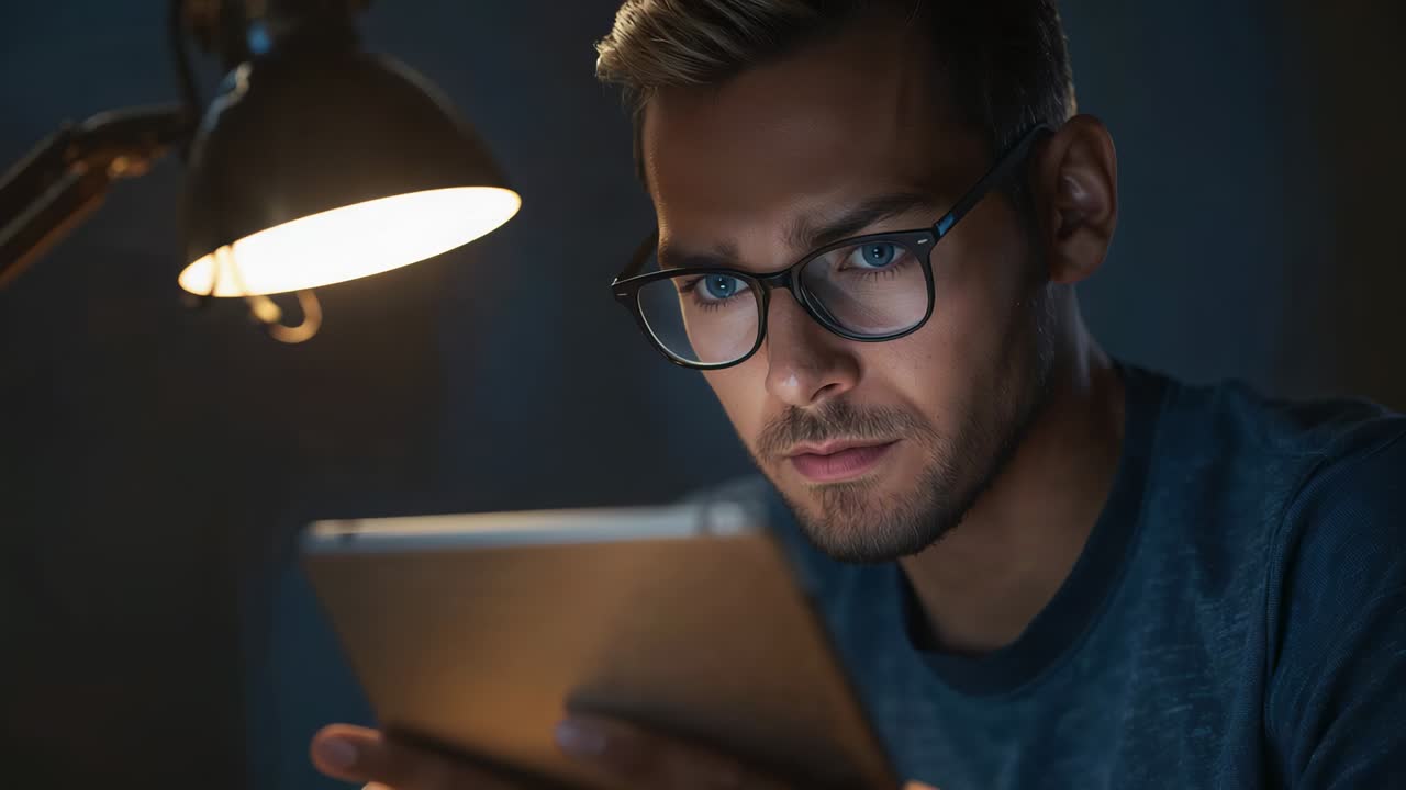 Reagindo ao brilho da lâmpada, homem de camisa escura e óculos estudando e ajustando o tablet em uma mesa de casa