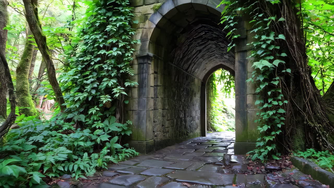 Ancient Stone Archway Tunnel with Greenery