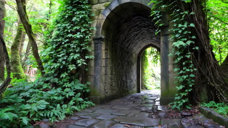 ancient stone archway tunnel with greenery