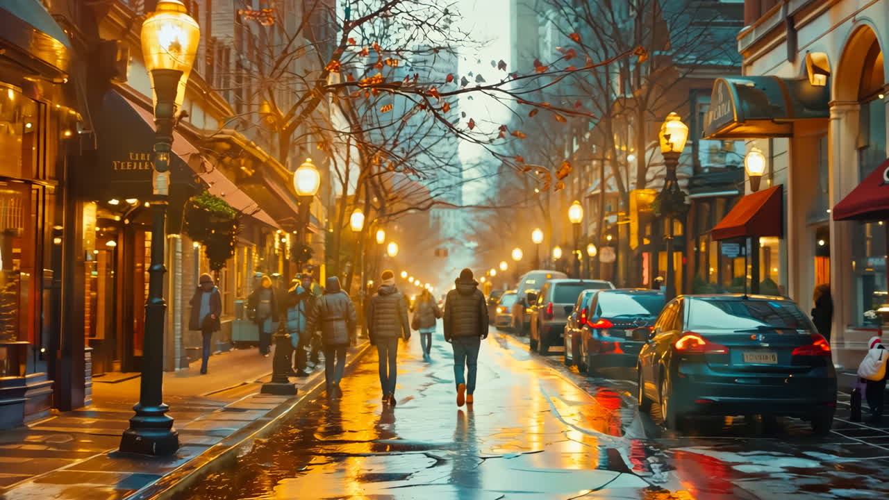 Evening Stroll Through a Rainy City Street in Autumn. People walk along a wet city street lined with trees and shops during a drizzly autumn evening.
