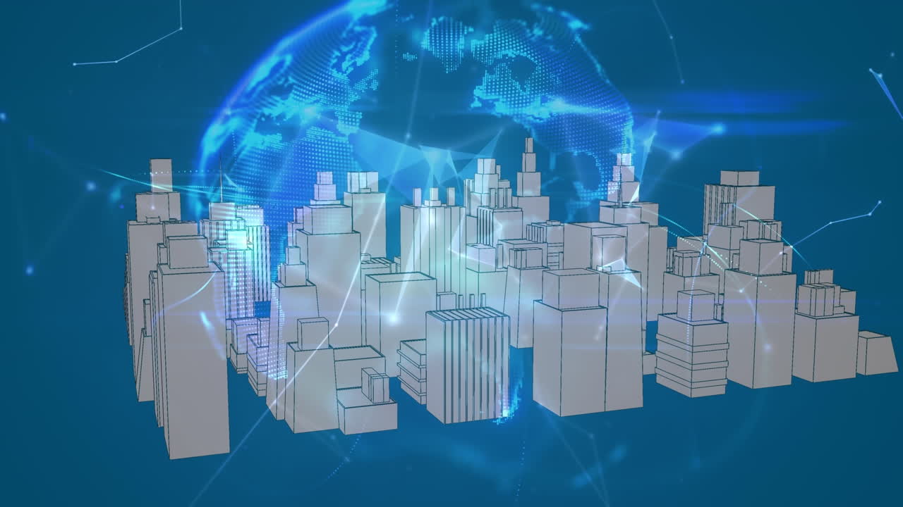 Animation of globe of connections over digital city on blue background