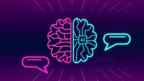 animación del cerebro digital con burbujas de habla y texto ai en fondo azul.