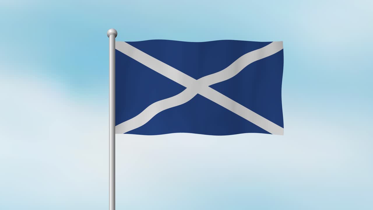 Blue and white saltire flag waves smoothly on pole, gentle wind, soft daylight, sky background