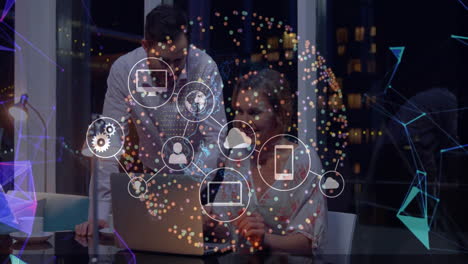 in office, business professionals collaborating with animation of digital network icons