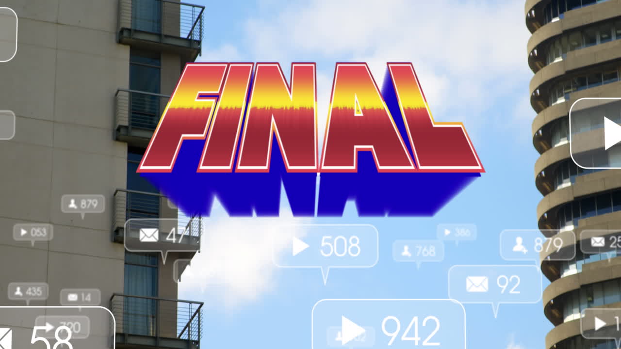 최종 텍스트의 애니메이션과 푸른 하늘과 도시 건물에 대한 소셜 미디어 알림