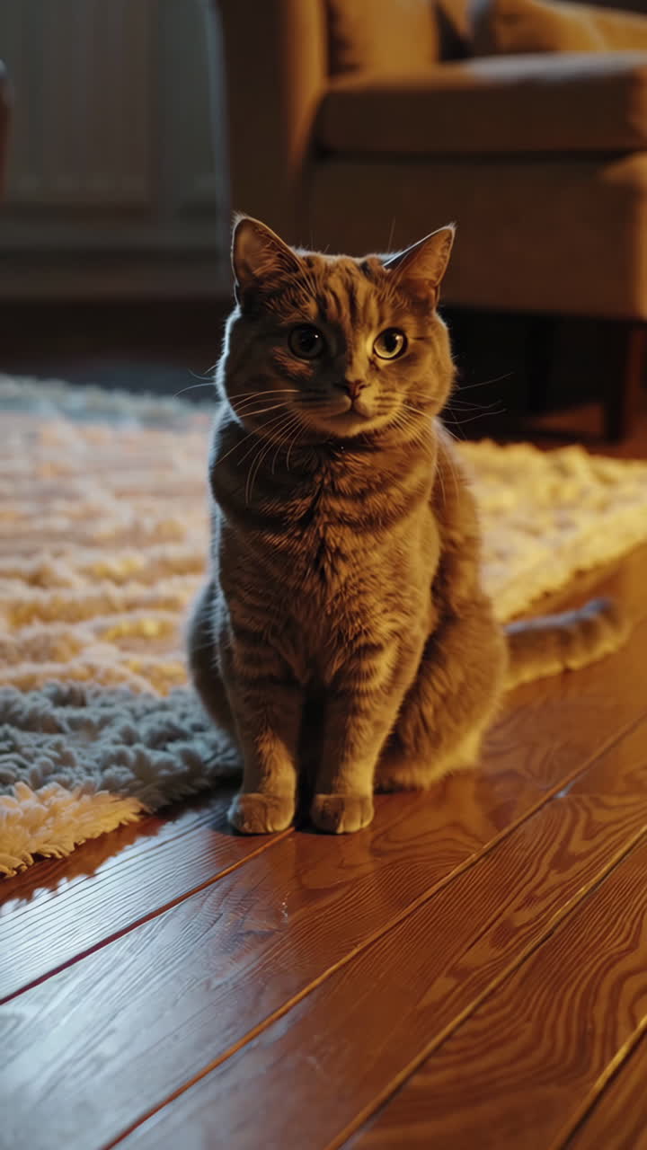 Cat Sitting on Wooden Floor