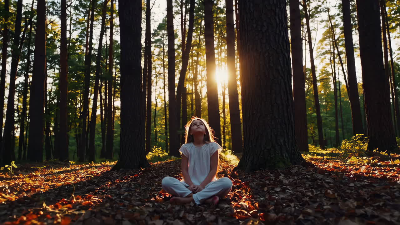 Young girl looking up at the sunlight in a peaceful forest