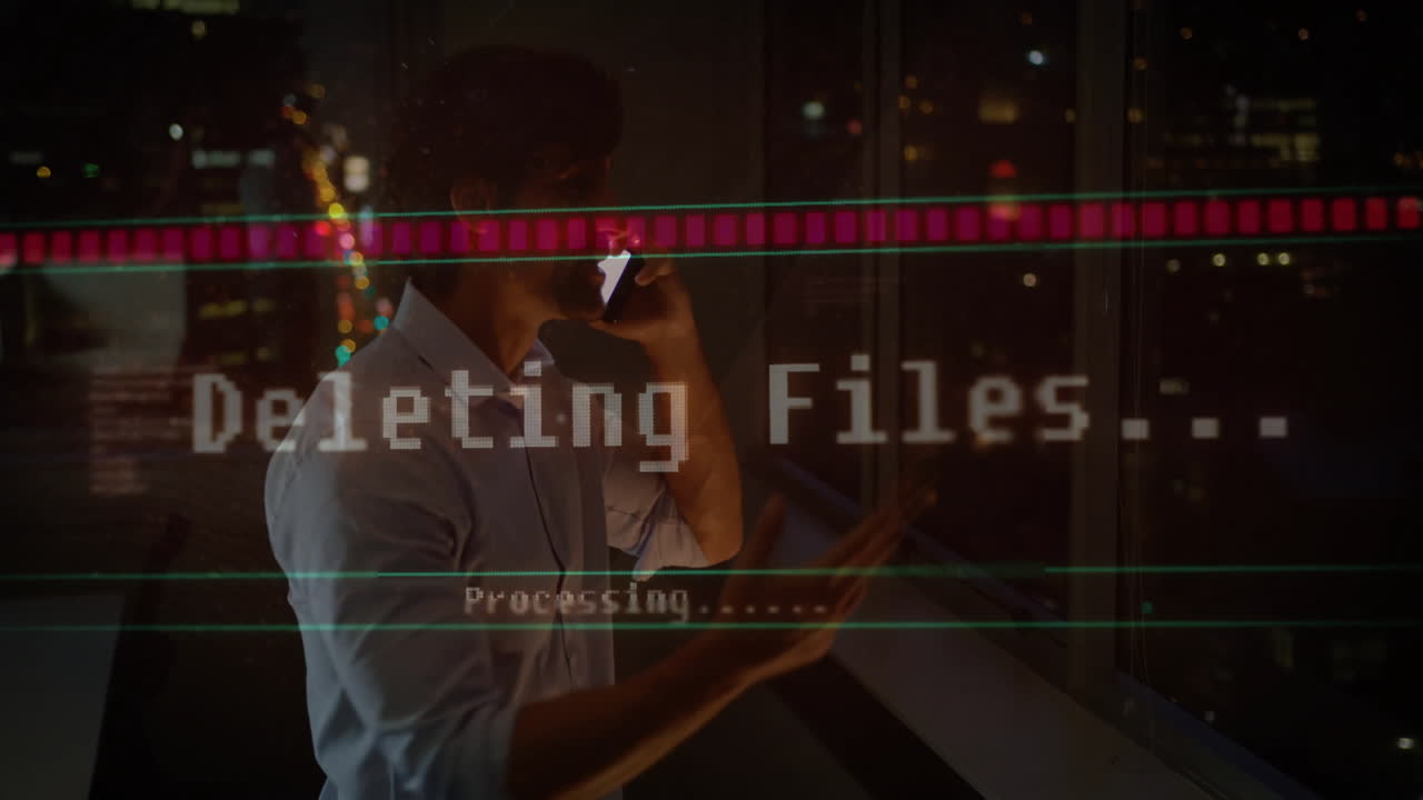Office worker making call in night office, showing floating progress bar, data overlays for finance