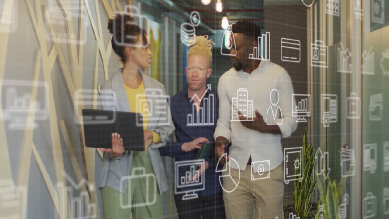 Animation of icons and data processing over diverse business people in office