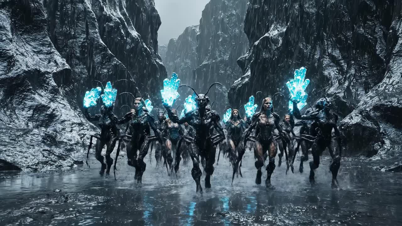Ant-Humanoids with Blue Crystals in a Fantasy Canyon