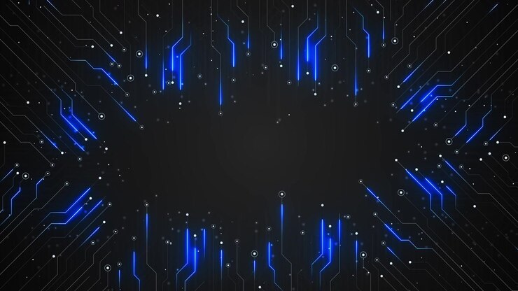 Black blue digital circuit frame visual with glowing electronic lines scattered nodes and clean