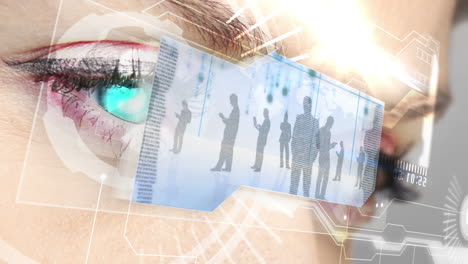 eyes looking at holographic interface with business people