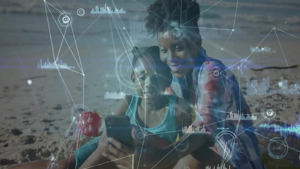 African American Mother and Daughter Using Smartphone on Beach with Digital Overlay