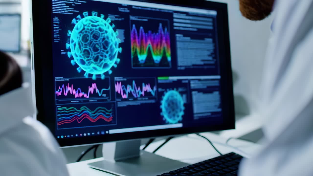 Scientists working in a laboratory, studying a virus and using advanced computer technology.