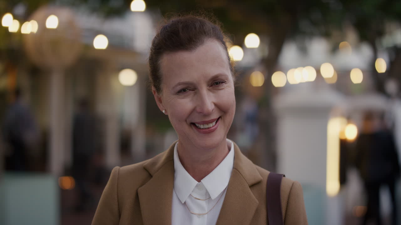 ritratto donna d'affari anziana felice sorridente che gode di uno stile di vita urbano professionale di successo donna di mezza età dirigente che indossa moda alla sera in città