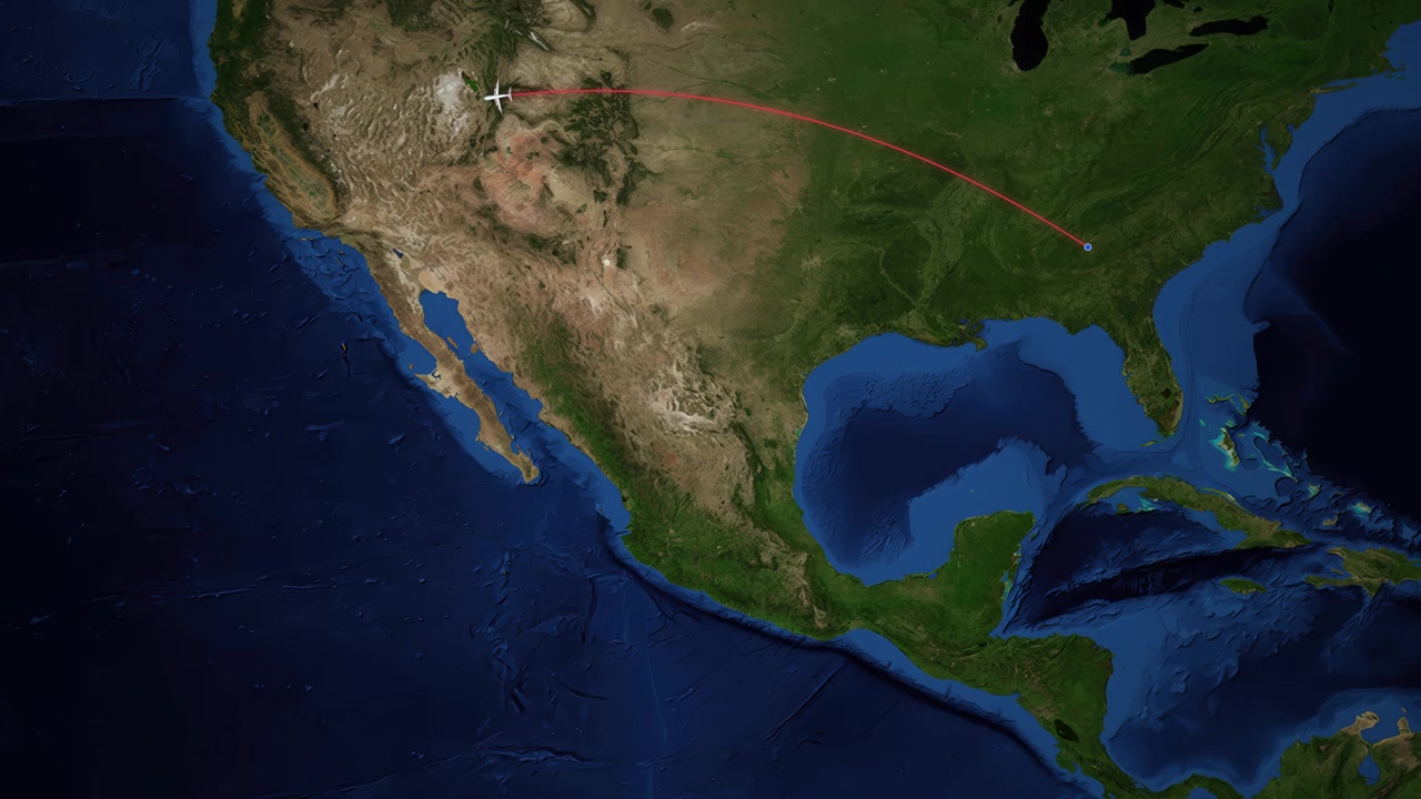 Animated red line tracks an airplane flying from Atlanta to San Francisco on satellite map