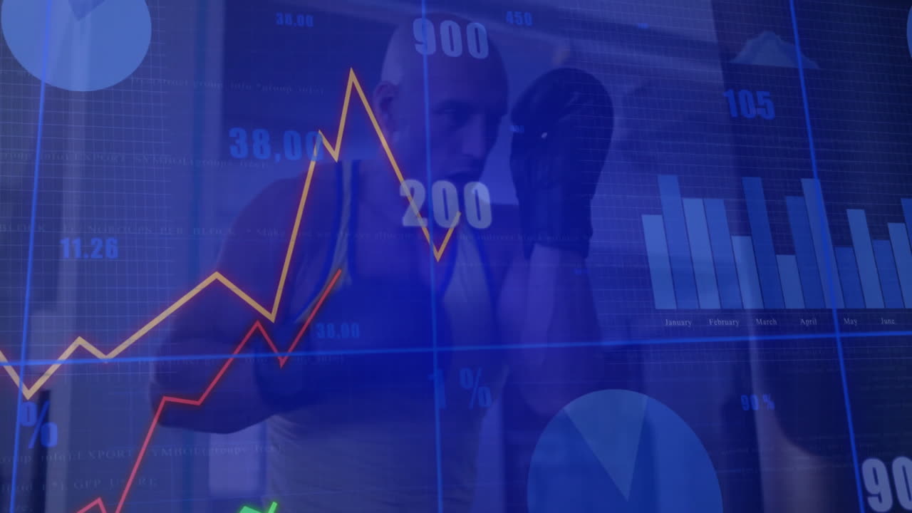 Male boxer training in gym, overlaying fitness analytics with line graph and bar chart animations