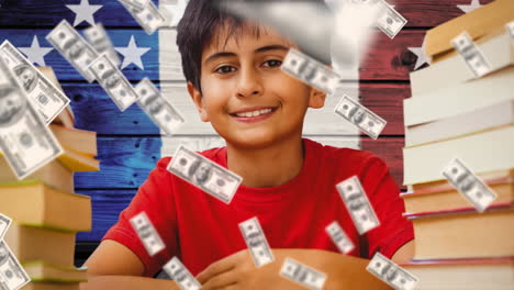 animation of schoolboy smiling and banknotes over american flag