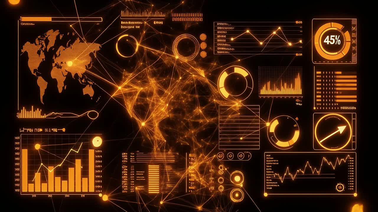 Abstract Digital Network with Data Visualization and World Map