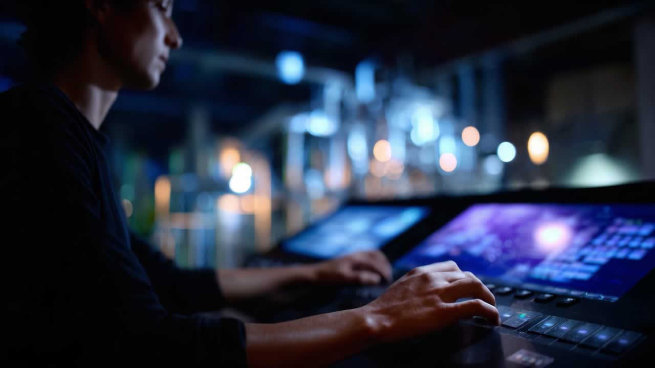 An operator skillfully controls advanced technology at a high-tech facility, showcasing their expertise with intricate interfaces and dynamic displays in the environment