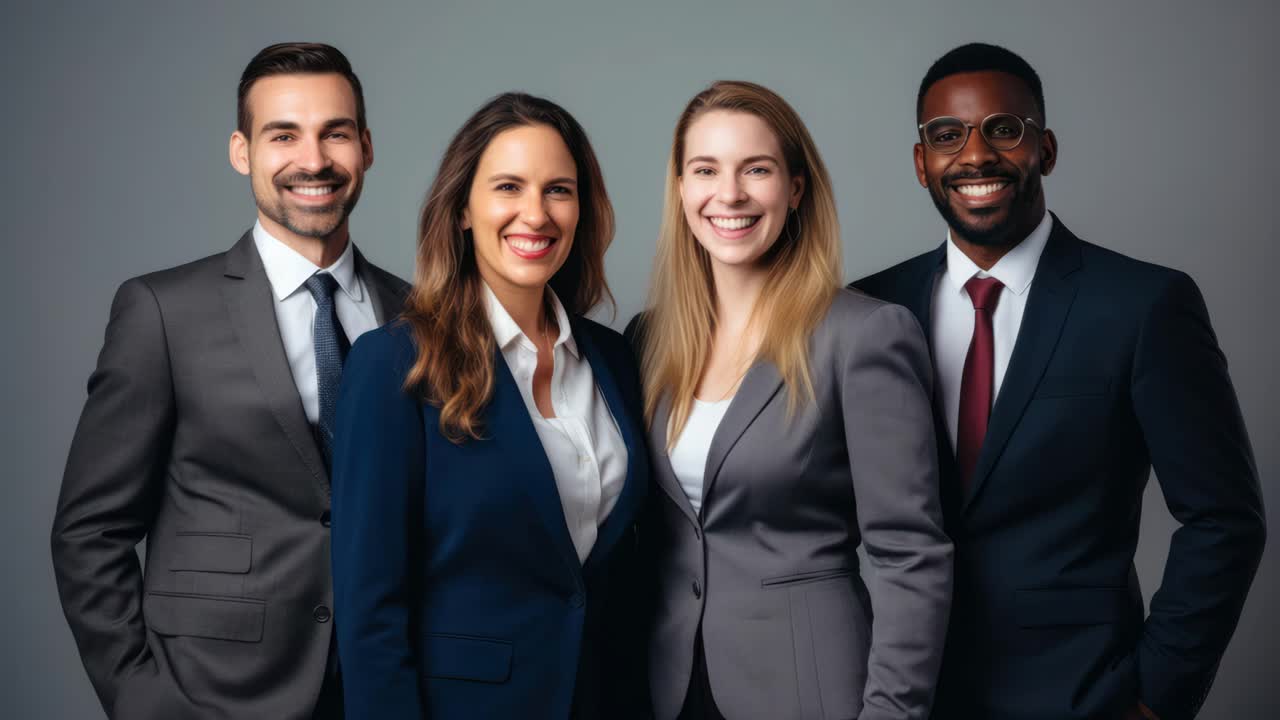 Professional group portrait in a studio setting, captured from a straight-on angle