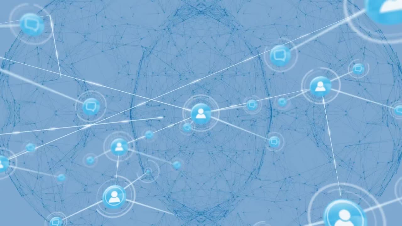 Animation of network of connections with icons over shapes on white background