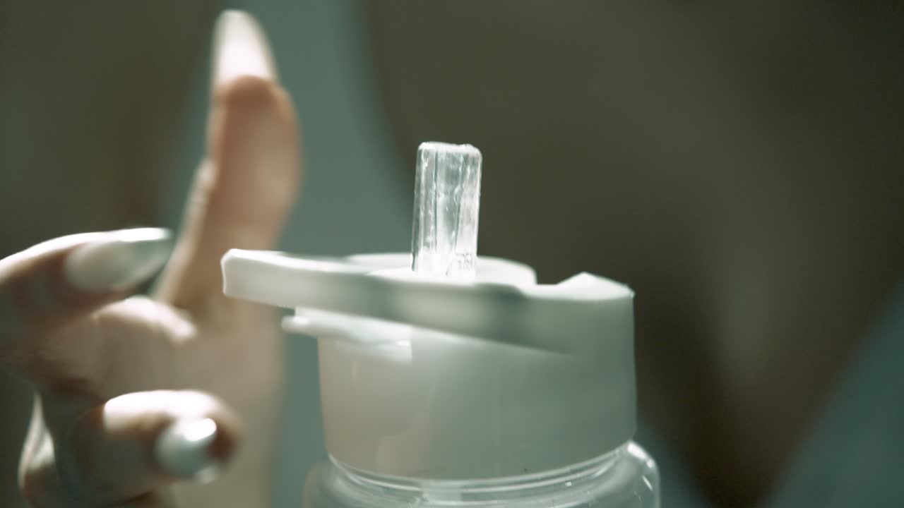 Macro closeup of a woman’s hands with long, well-groomed nails as she opens the straw on a water bottle during training. The scene is bathed in soft, cinematic light highlighting detail and elegance