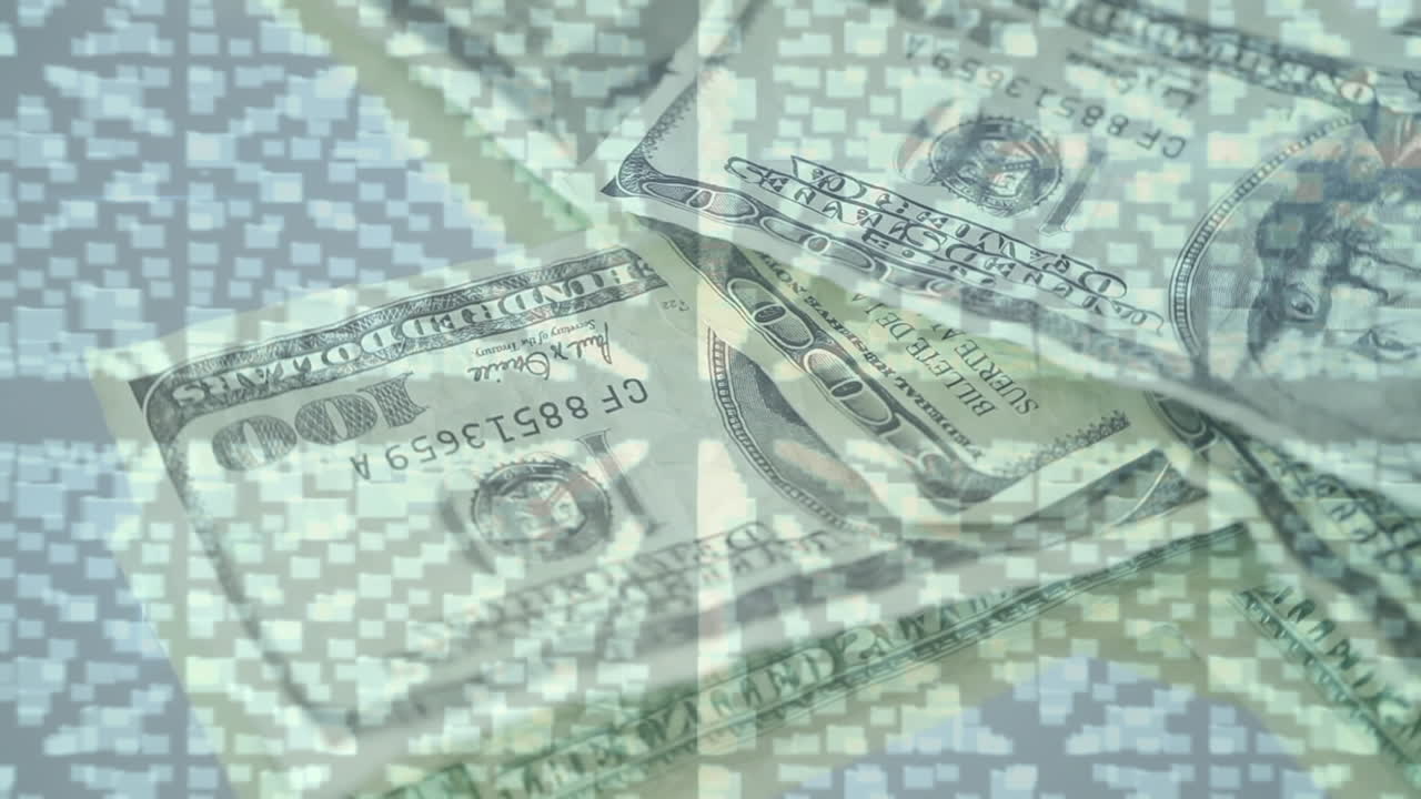 Animation of folders and security padlock over rotating dollar banknotes