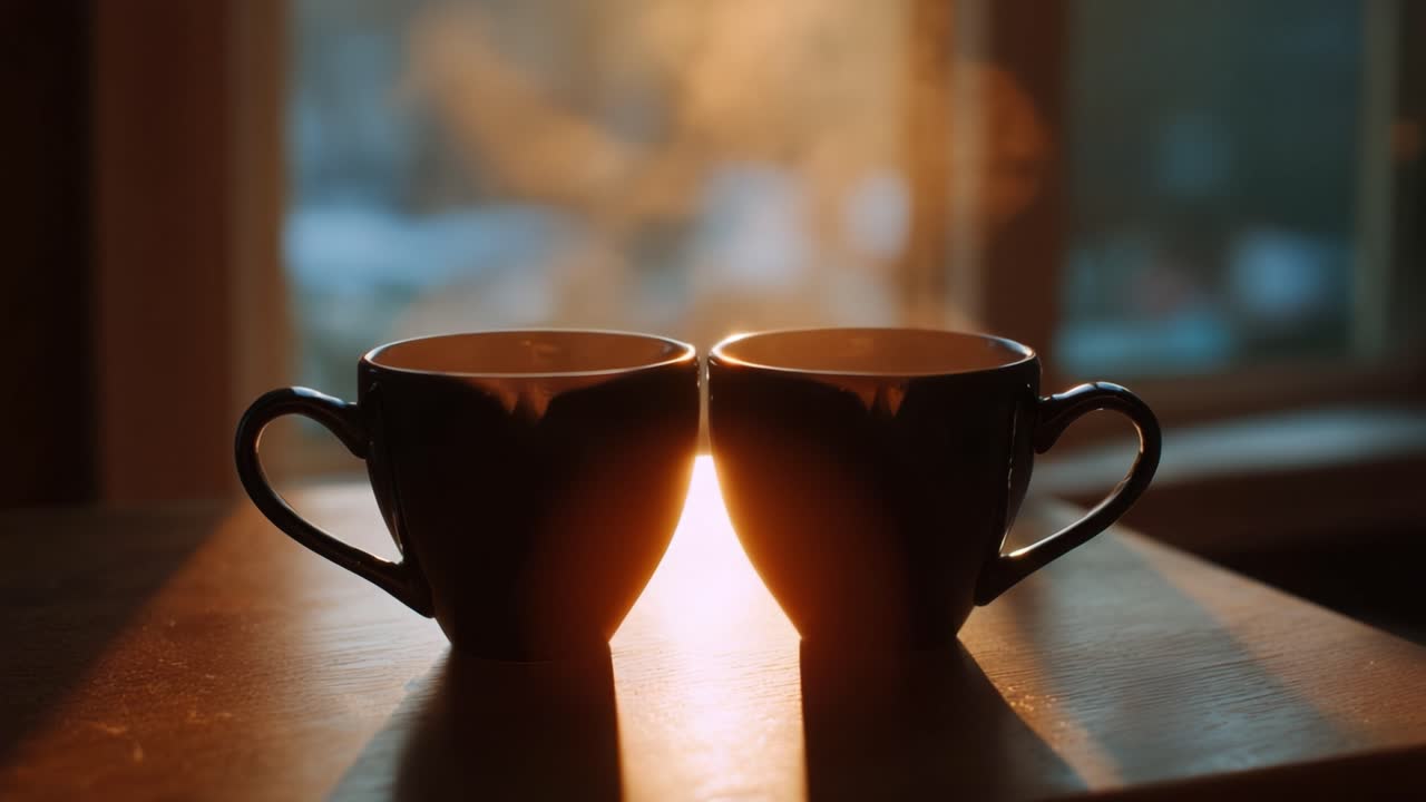 Due tazze di caffè fumante affiancate su un tavolo di legno, illuminate dalla calda luce dell'alba, creano un'atmosfera accogliente e invitante per i momenti mattutini