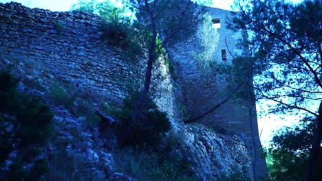 resti di un vecchio castello, rovine di pietra nella foresta su una roccia nel sud della francia in buon tempo