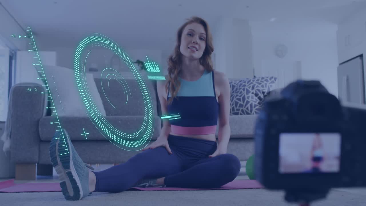 animación del procesamiento de datos sobre una mujer caucásica haciendo ejercicio, grabando un vlog de fitness