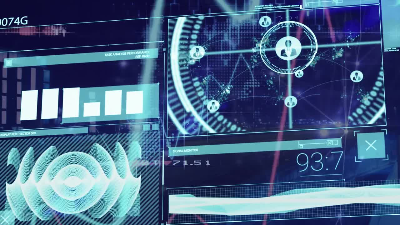 Animation of interface with data processing against night city traffic