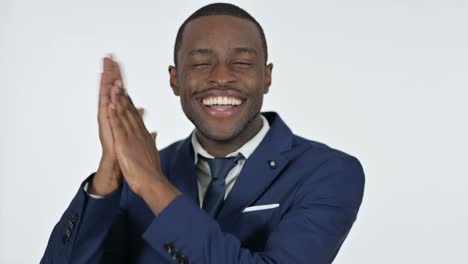 clapping by african businessman, white background