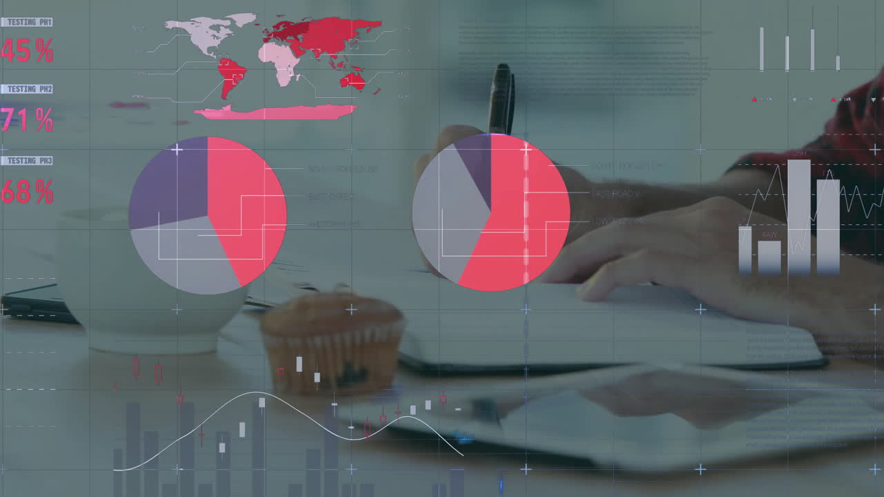 animación de interfaz infográfica multicolor sobre mujer caucásica escribiendo en un cuaderno