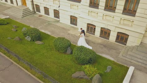 bride and groom walk along lawn near building upper view