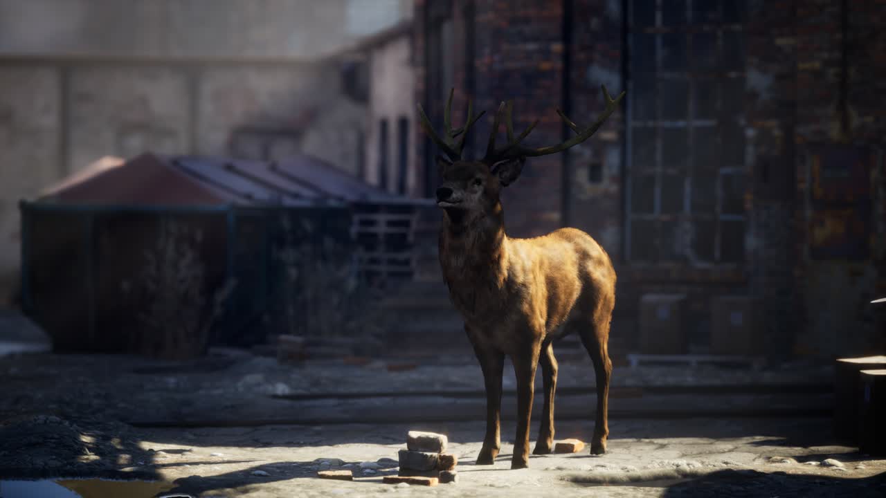 荒れ果てた街の通りを回る野生の鹿
