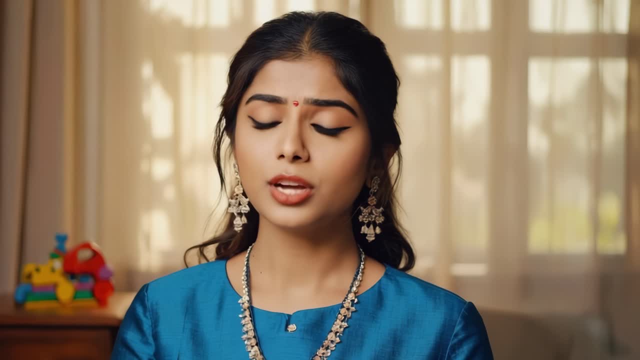 Young woman, adorned with elegant jewelry and a stylish blue dress, presents a series of facial expressions, conveying a range of emotions from thoughtful contemplation to animated speech