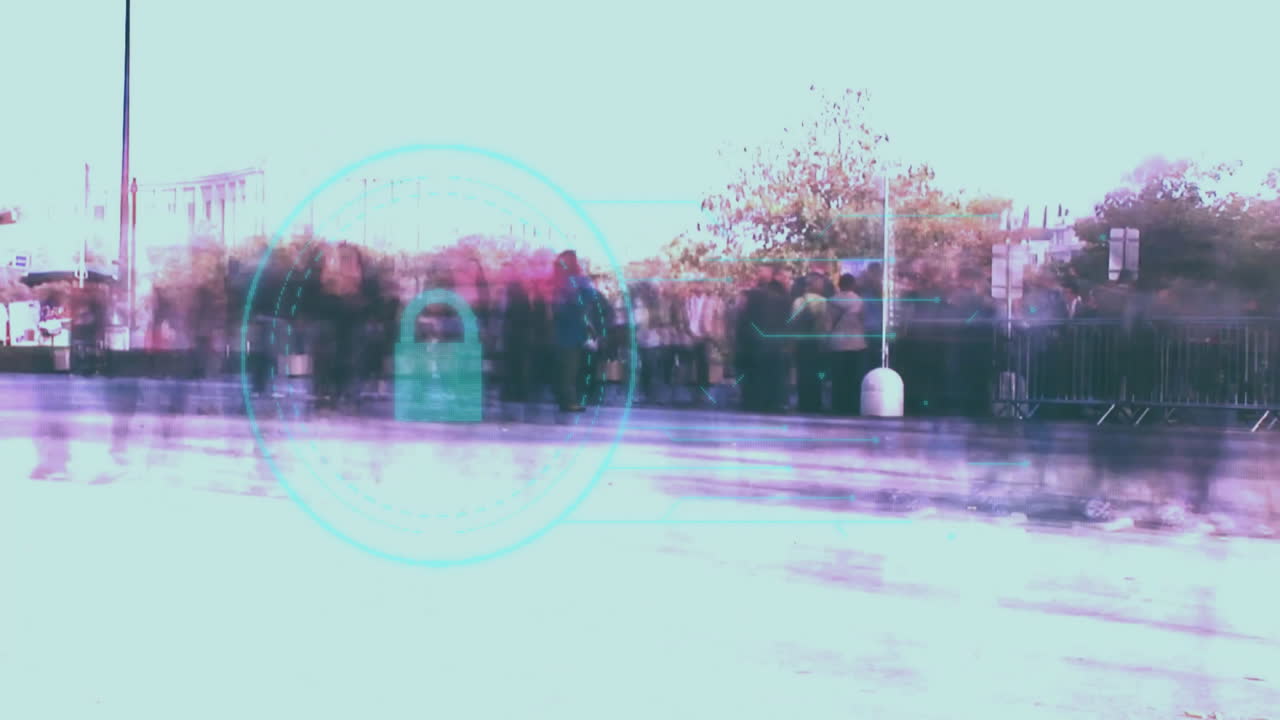 Pixelated crowd standing behind metal barricade while glitch effect distorting urban sidewalk