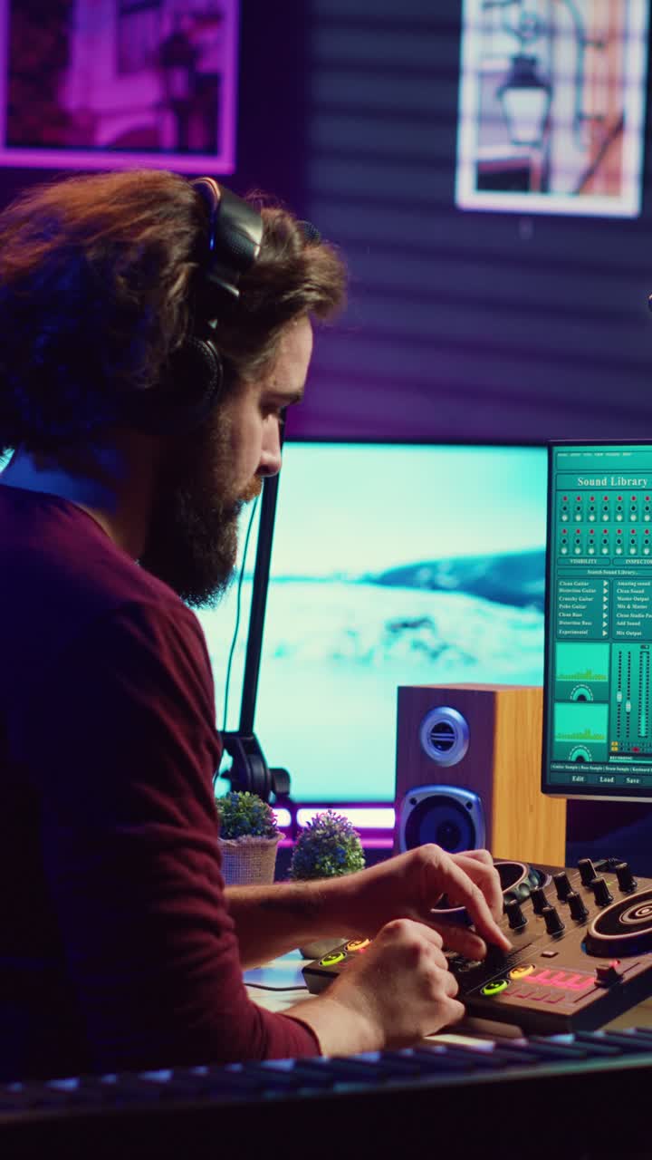 Uomo che mixa musica con controller da DJ e cuffie in studio