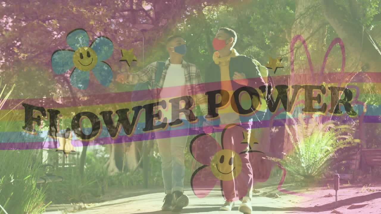 얼굴 마스크를 입은 행복한 남성 동성 커플 위에 무지개와 꽃을 가진 꽃 파워 텍스트의 애니메이션