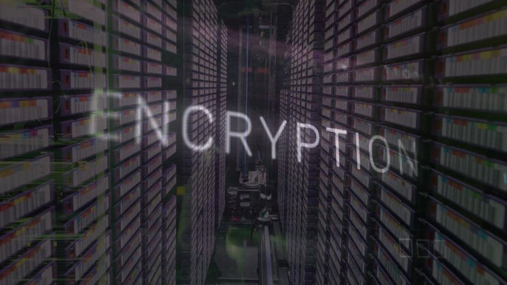 Animation of encryption text, binary codes and circuit board pattern over server room