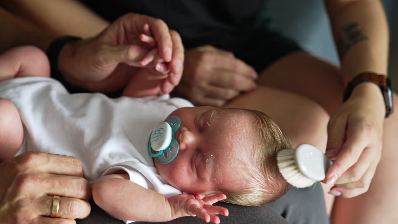 Beautiful newborn baby sleeping with pacifier in mouth. Dad holding kid's hands and mom brushes child's hair. Close up.