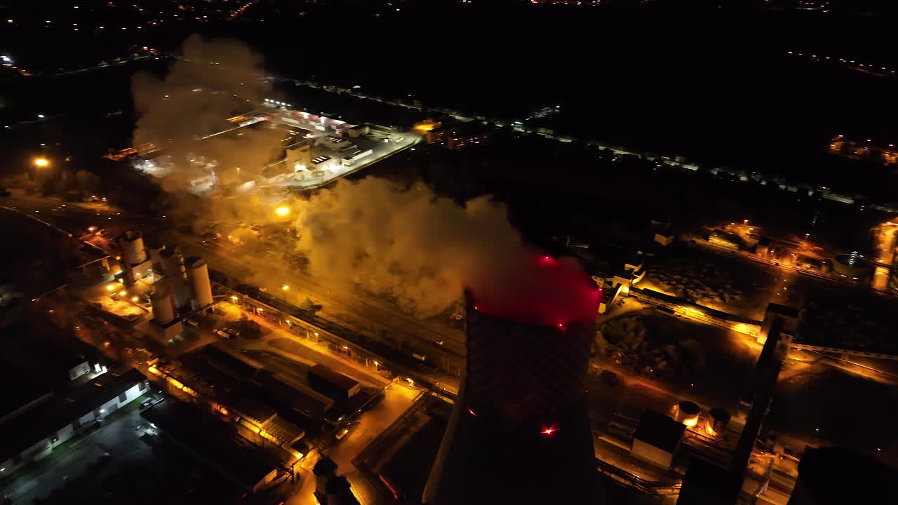 Night Aerial View of Industrial Complex with Smoke