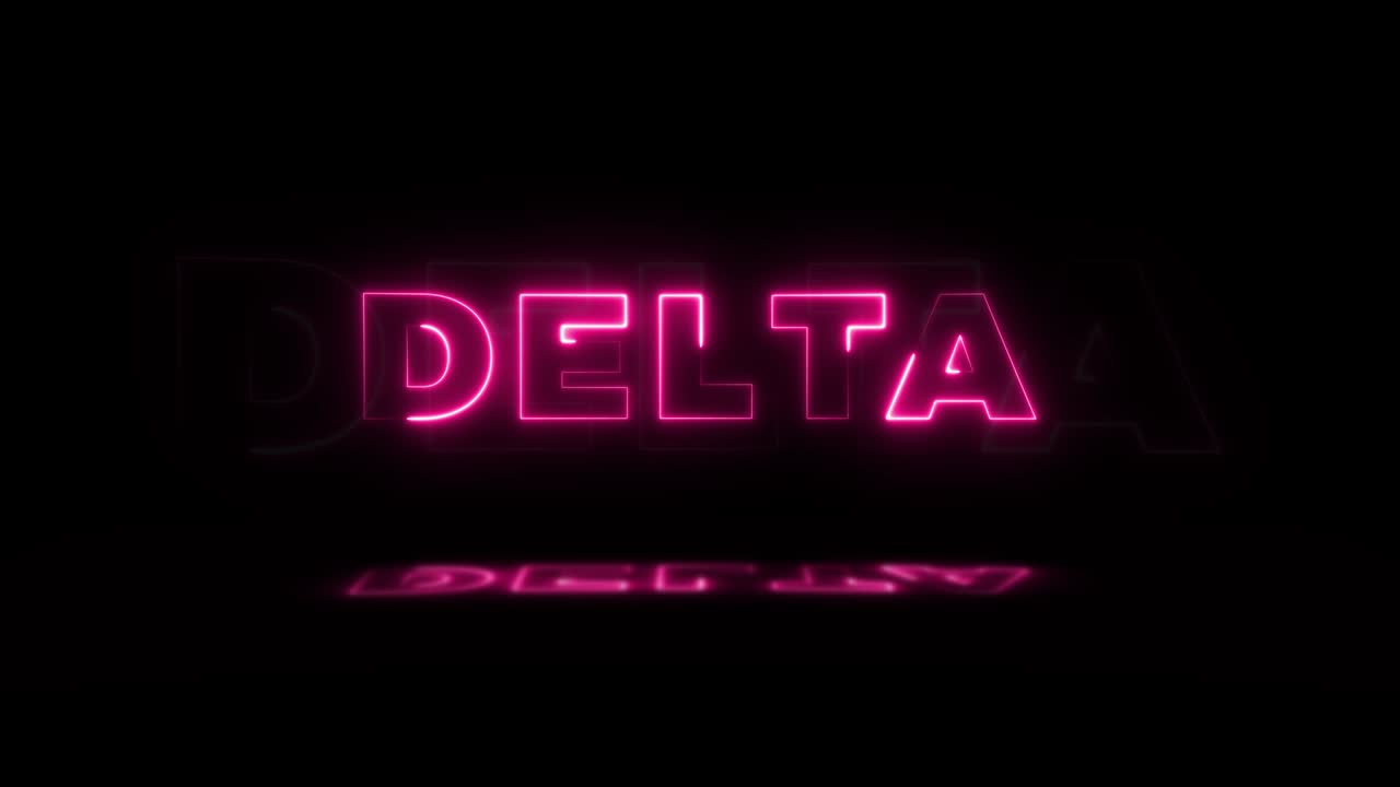la palabra "delta" brilla en neón sobre un fondo negro con reflejos en el suelo. letreros de brillo de neón en gráfico de movimiento de bucle sin costuras