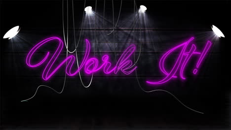animation of work it text over lamps on black background